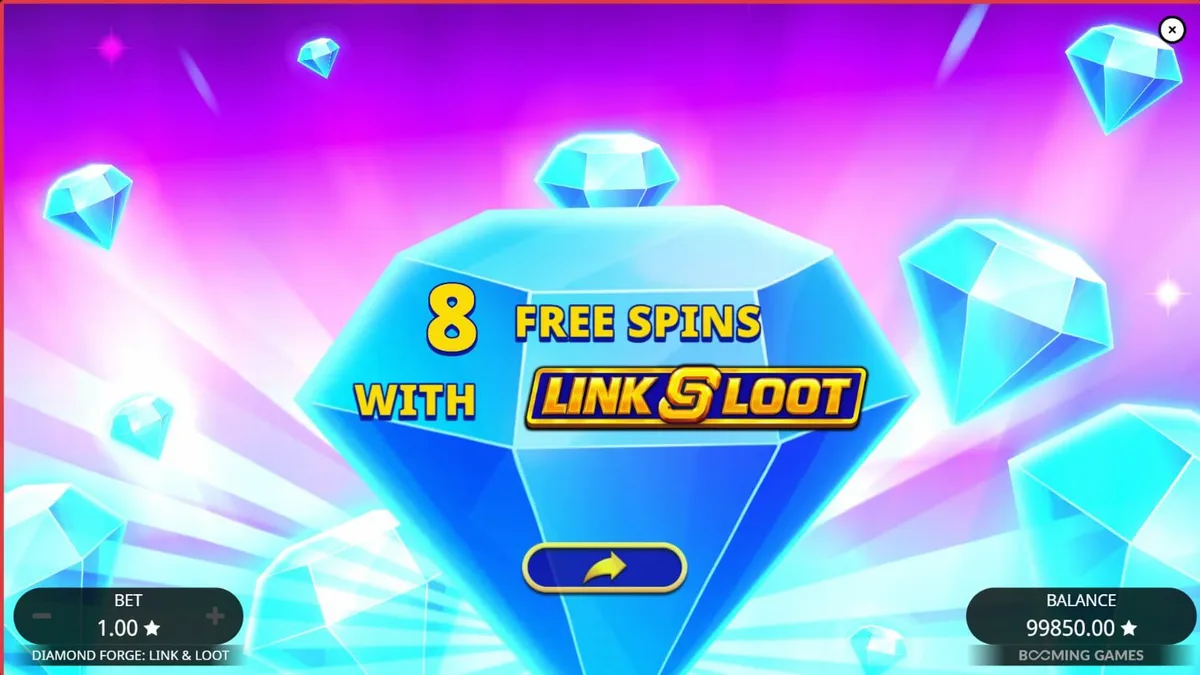 Tampilan visual slot Diamond Forge Link & Loot dengan simbol buah klasik dan elemen berlian.