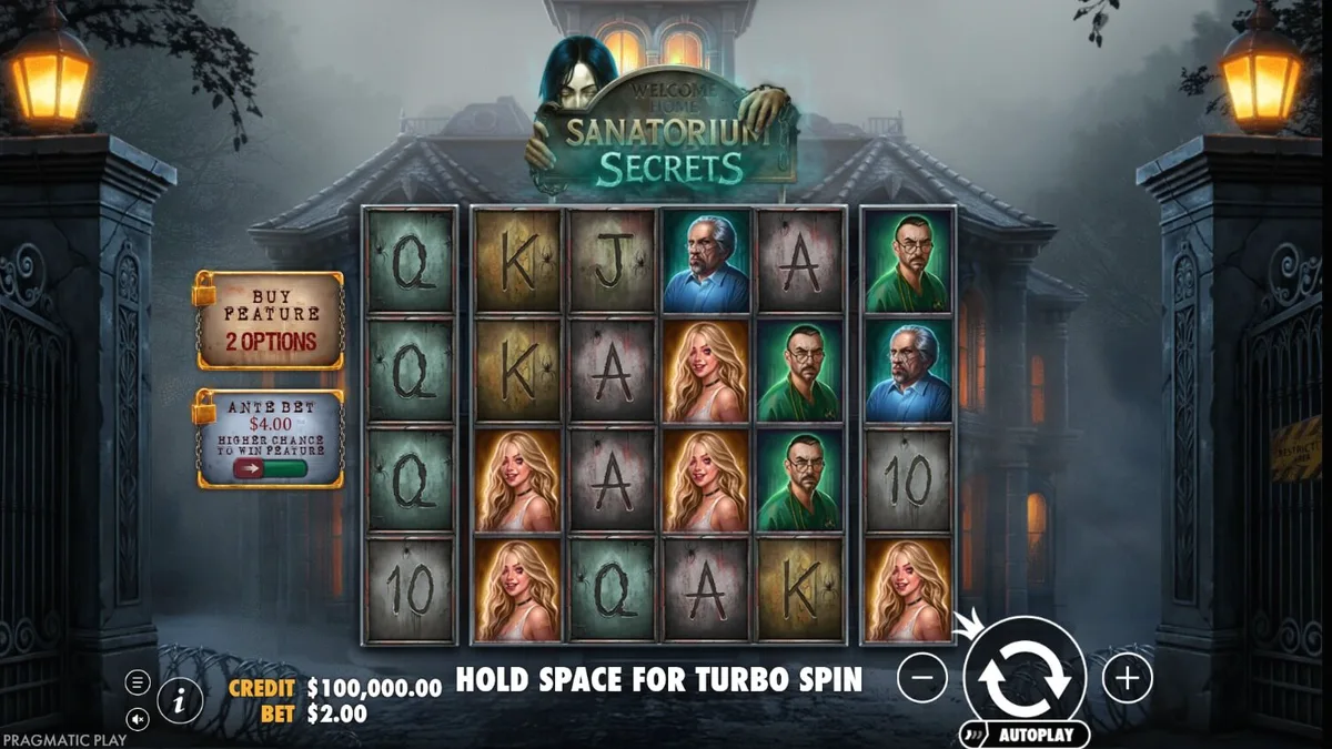 Tampilan visual slot Sanatorium Secrets dengan tema rumah sakit jiwa yang mencekam